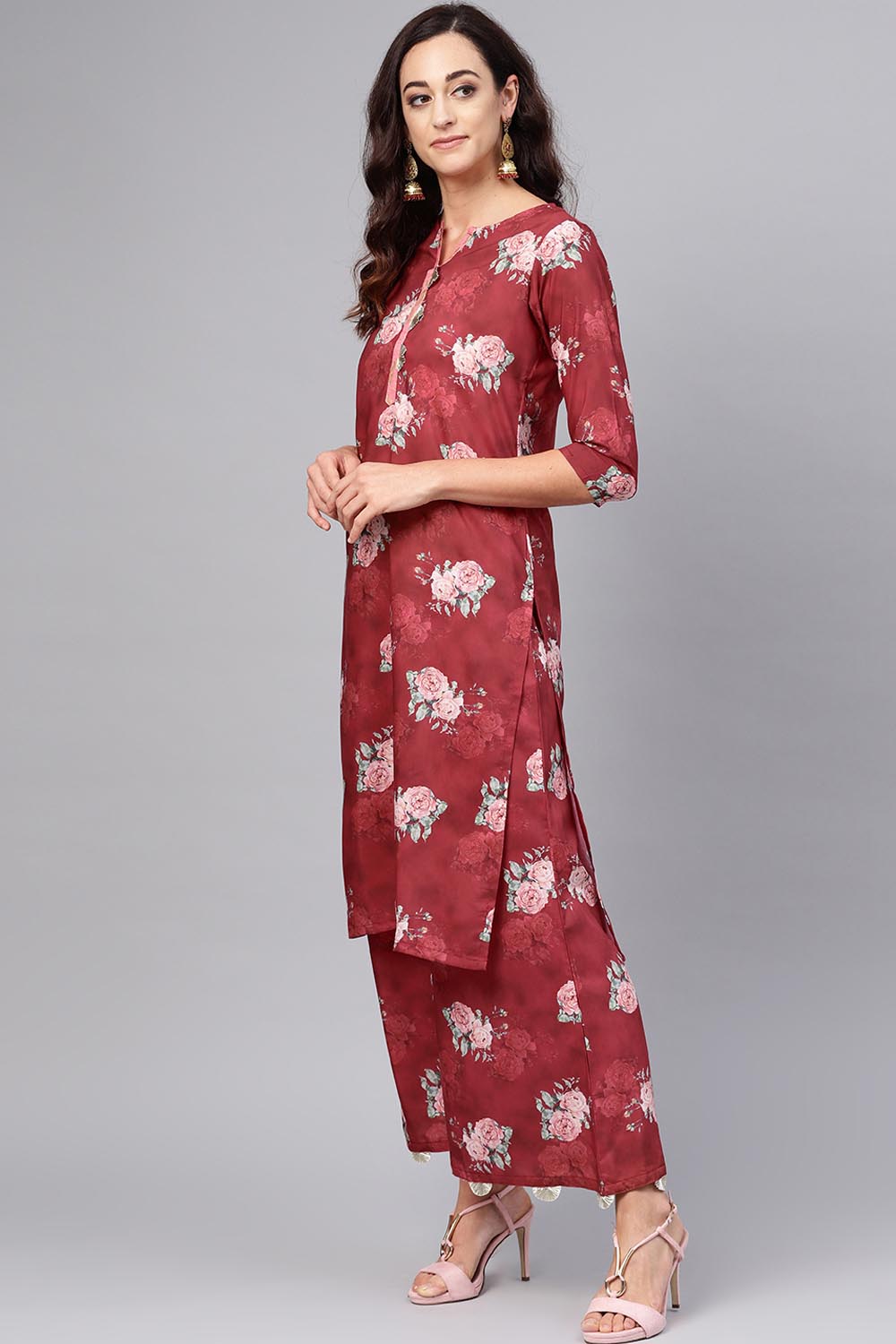 Muslin Printed Kurta With Palazzo In Maroon