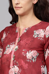 Muslin Printed Kurta With Palazzo In Maroon