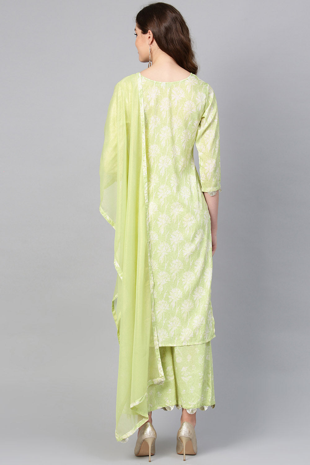 Polyester Muslin Digital Print Kurta Set In Light Green