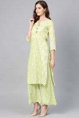 Polyester Muslin Digital Print Kurta Set In Light Green