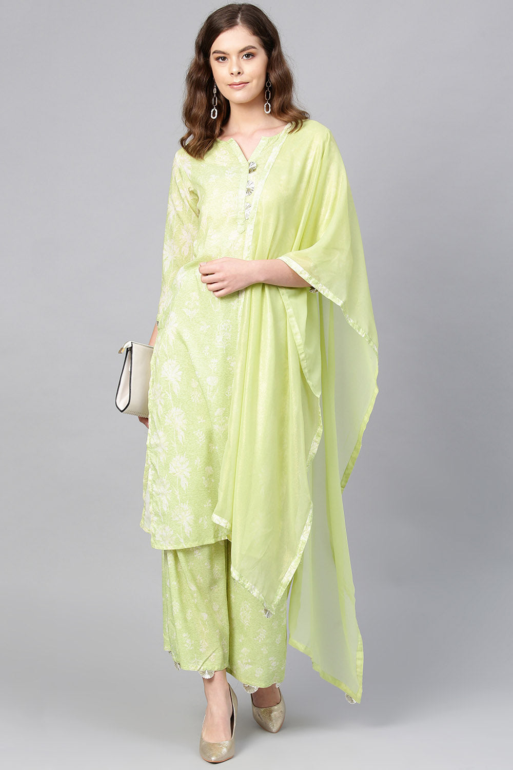 Ahalyaa Polyester Muslin Digital Print Kurta Set in Light Green