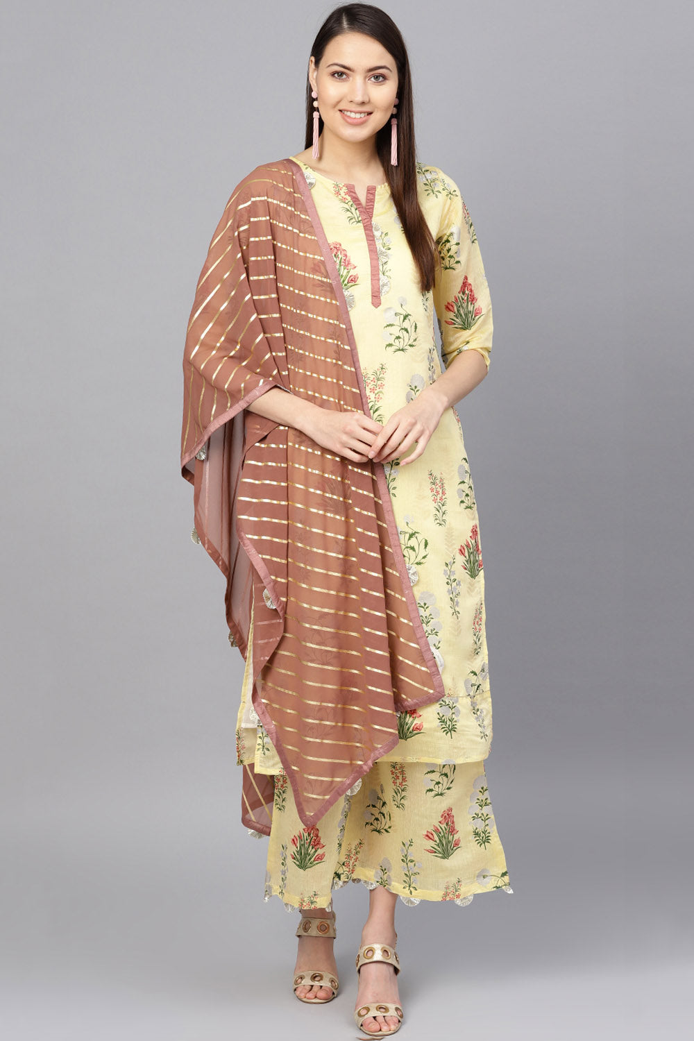 Poly Chanderi-Like Printed Kurta Set In Yellow