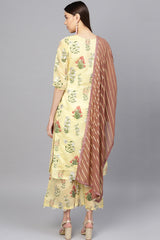 Poly Chanderi-Like Printed Kurta Set In Yellow