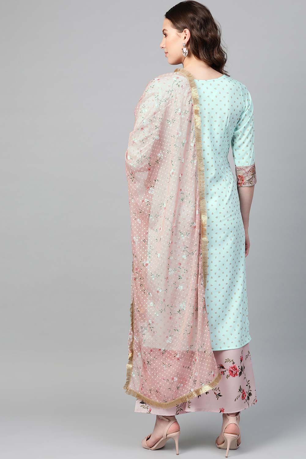 Sea Green Crepe Printed Kurti Palazzo Set With Dupatta