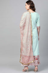 Sea Green Crepe Printed Kurta Palazzo Set With Dupatta