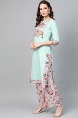 Sea Green Crepe Printed Kurta Palazzo Set With Dupatta