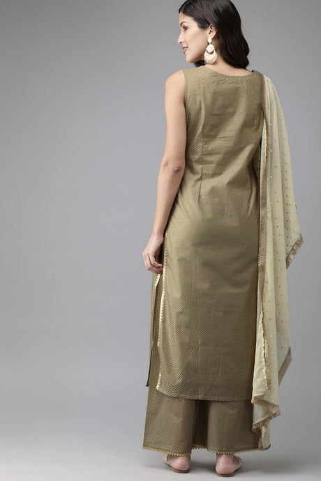 Beige Chanderi Gold Printed Kurta Palazzo Set With Dupatta