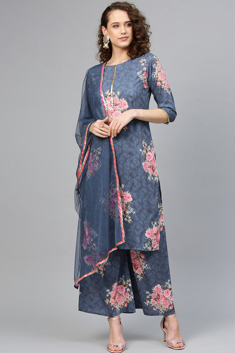 Buy Muslin Digital Print Kurta Set in Blue Online