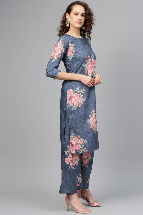 Shop Woman's Muslin Digital Print Kurta Set in Blue At KarmaPlace