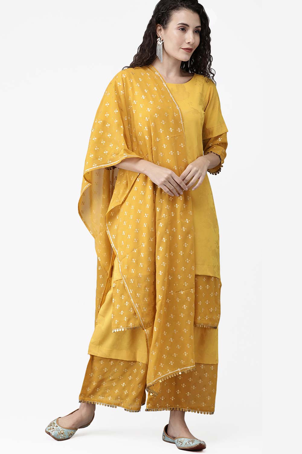 Mustard Crepe Printed Kurta Palazzo Set With Dupatta