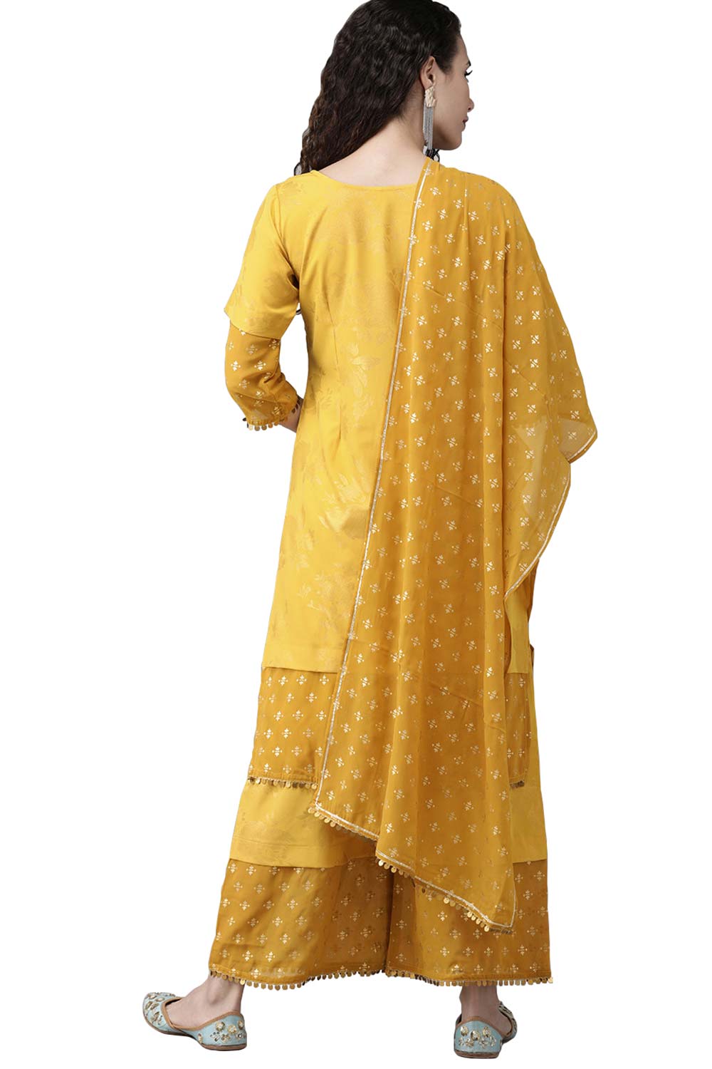 Mustard Crepe Printed Kurta Palazzo Set With Dupatta