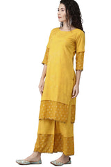 Mustard Crepe Printed Kurta Palazzo Set With Dupatta