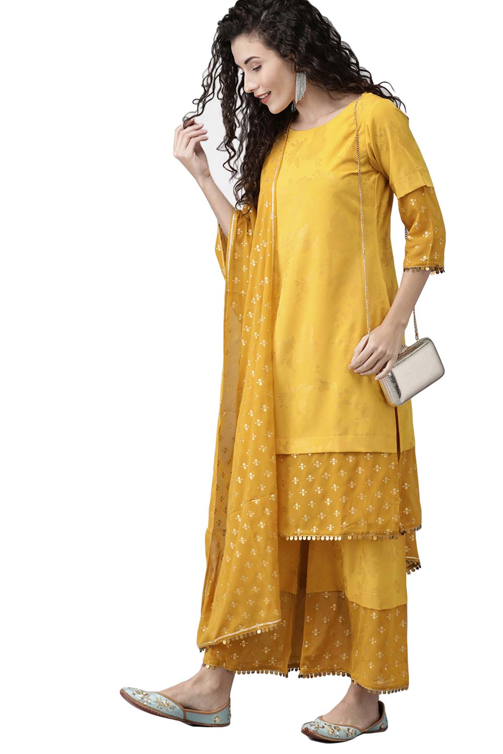 Mustard Crepe Printed Kurta Palazzo Set With Dupatta