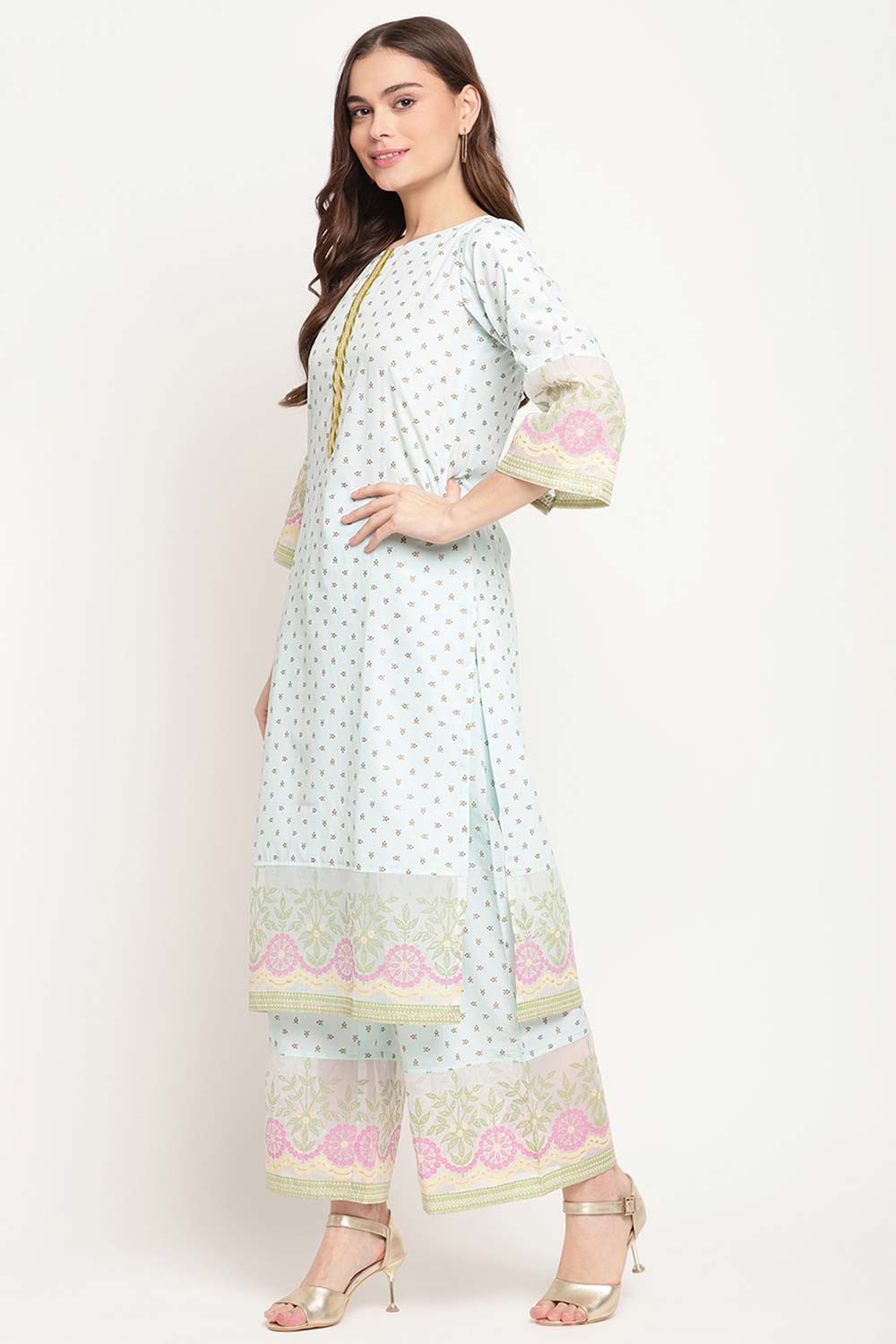 Buy Crepe Printed Suit Set in Sea Green - Back