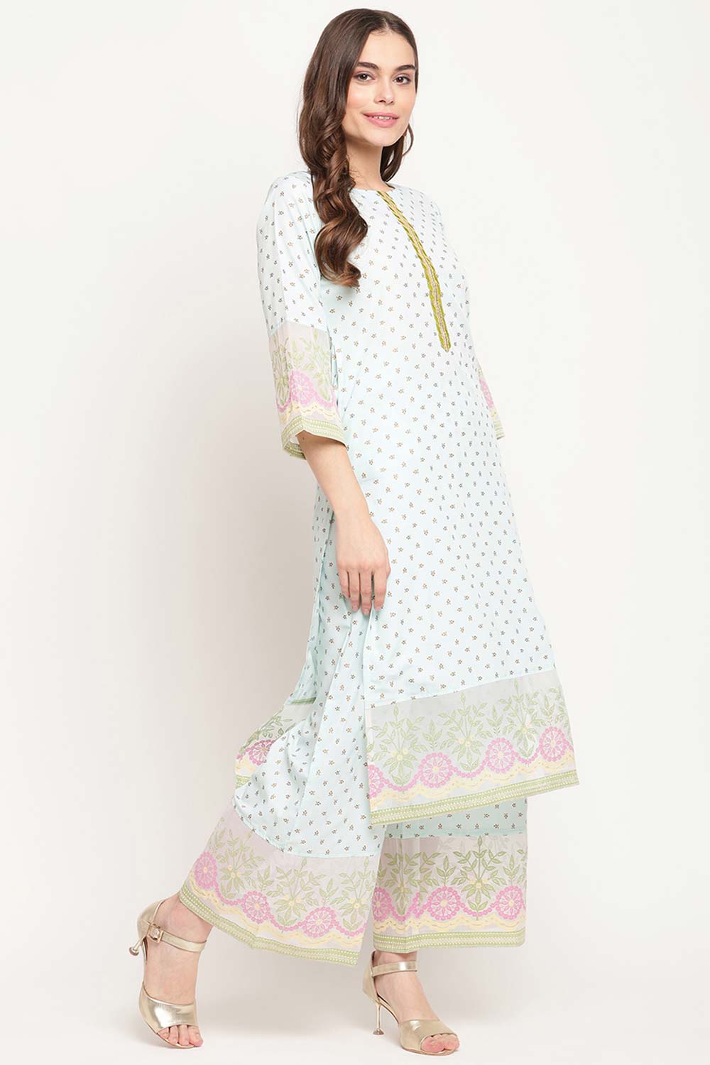 Buy Crepe Printed Suit Set in Sea Green - Side