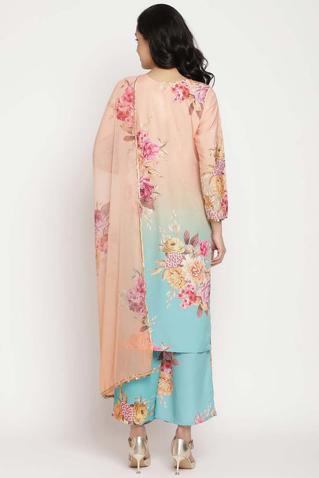 Buy Crepe Floral Printed Suit Set in Peach Online - Back