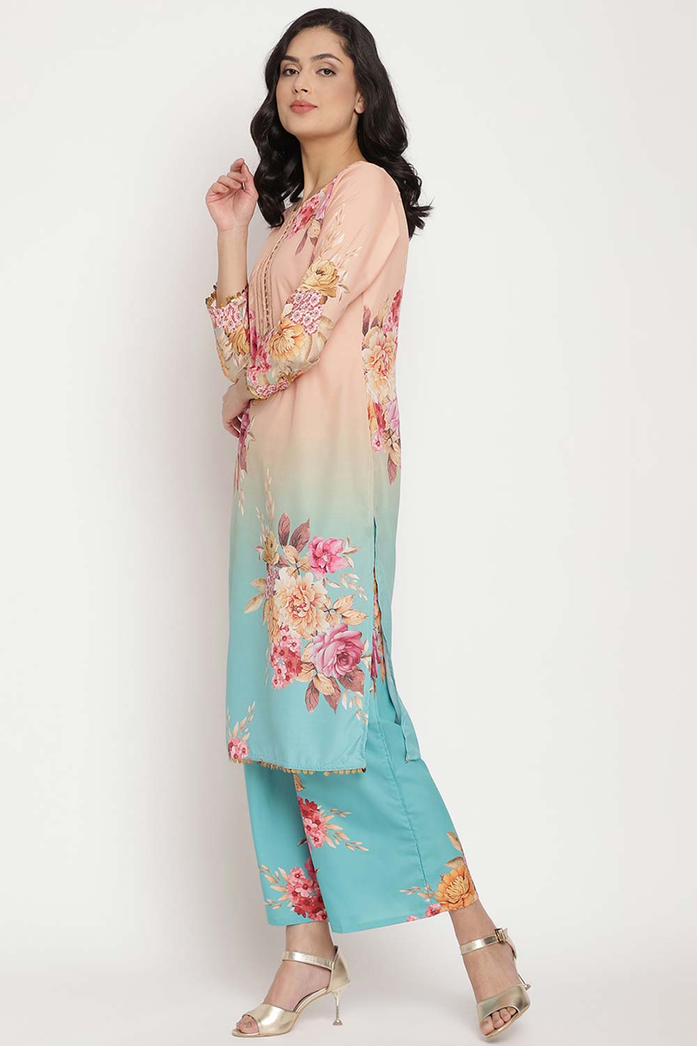 Buy Crepe Floral Printed Suit Set in Peach Online - Front