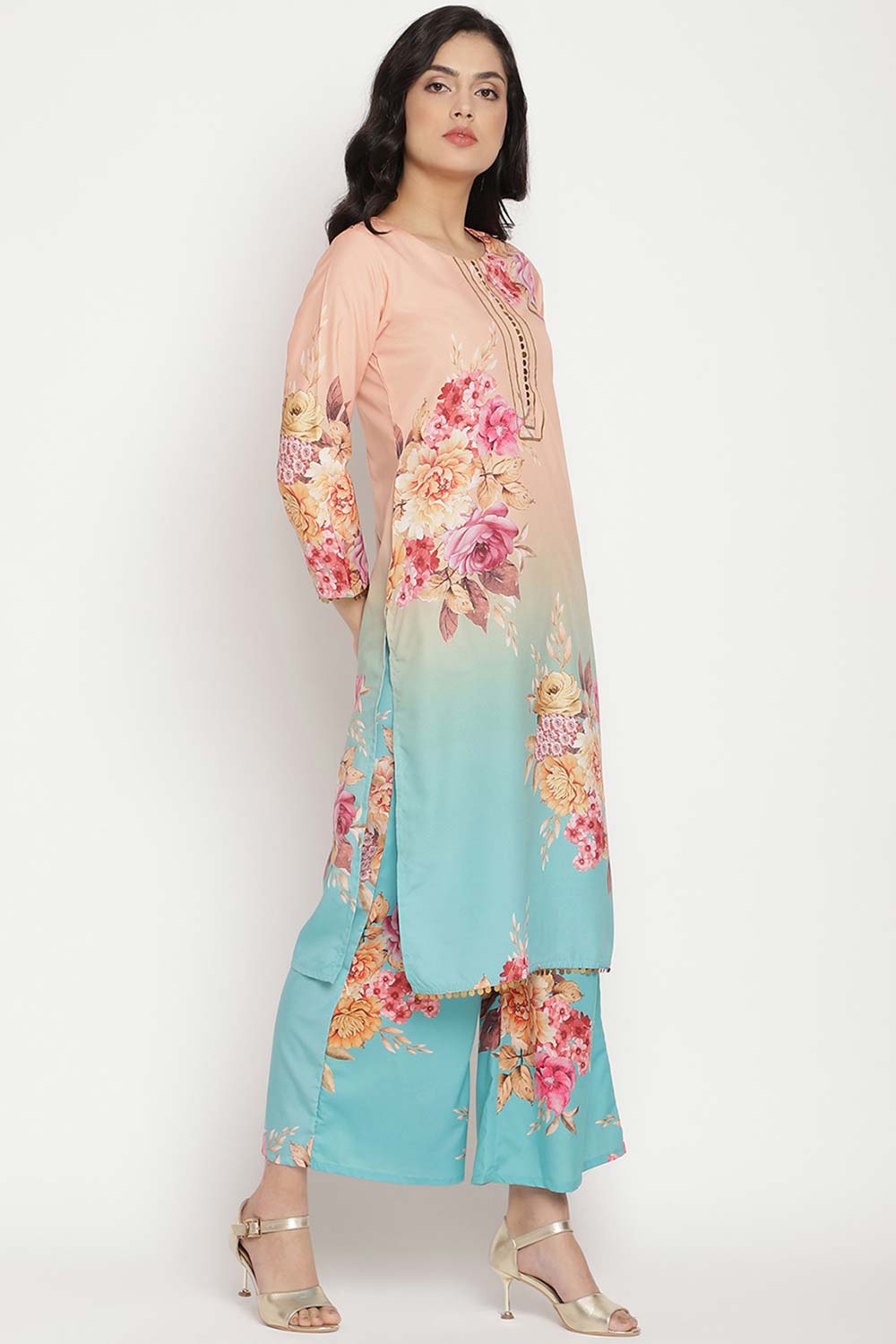 Buy Crepe Floral Printed Suit Set in Peach Online - Side