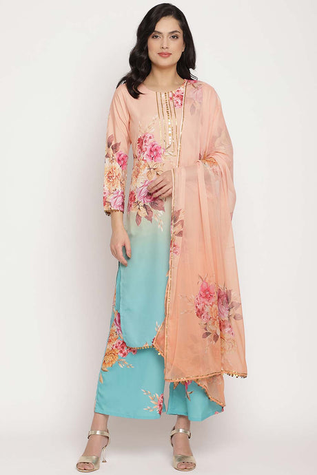 Buy Crepe Floral Printed Suit Set in Peach Online