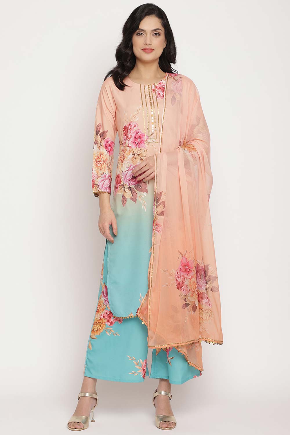 Buy Crepe Printed Suit Set in Peach