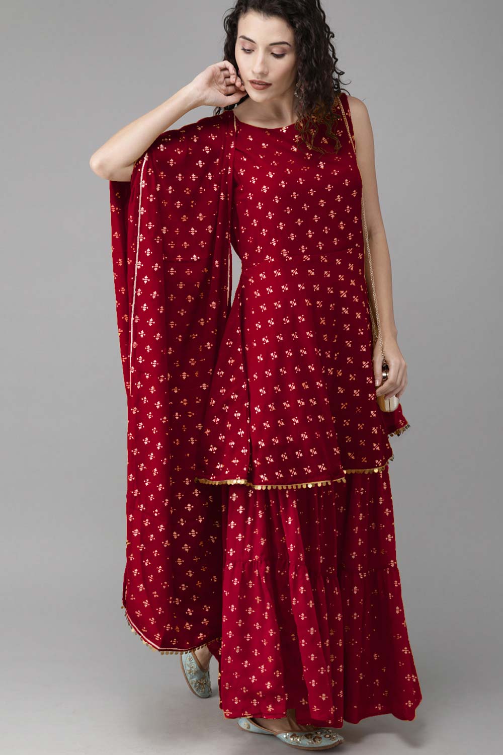 Maroon Georgette Gold Foil Print Peplum Kurta Sharara Set With Dupatta