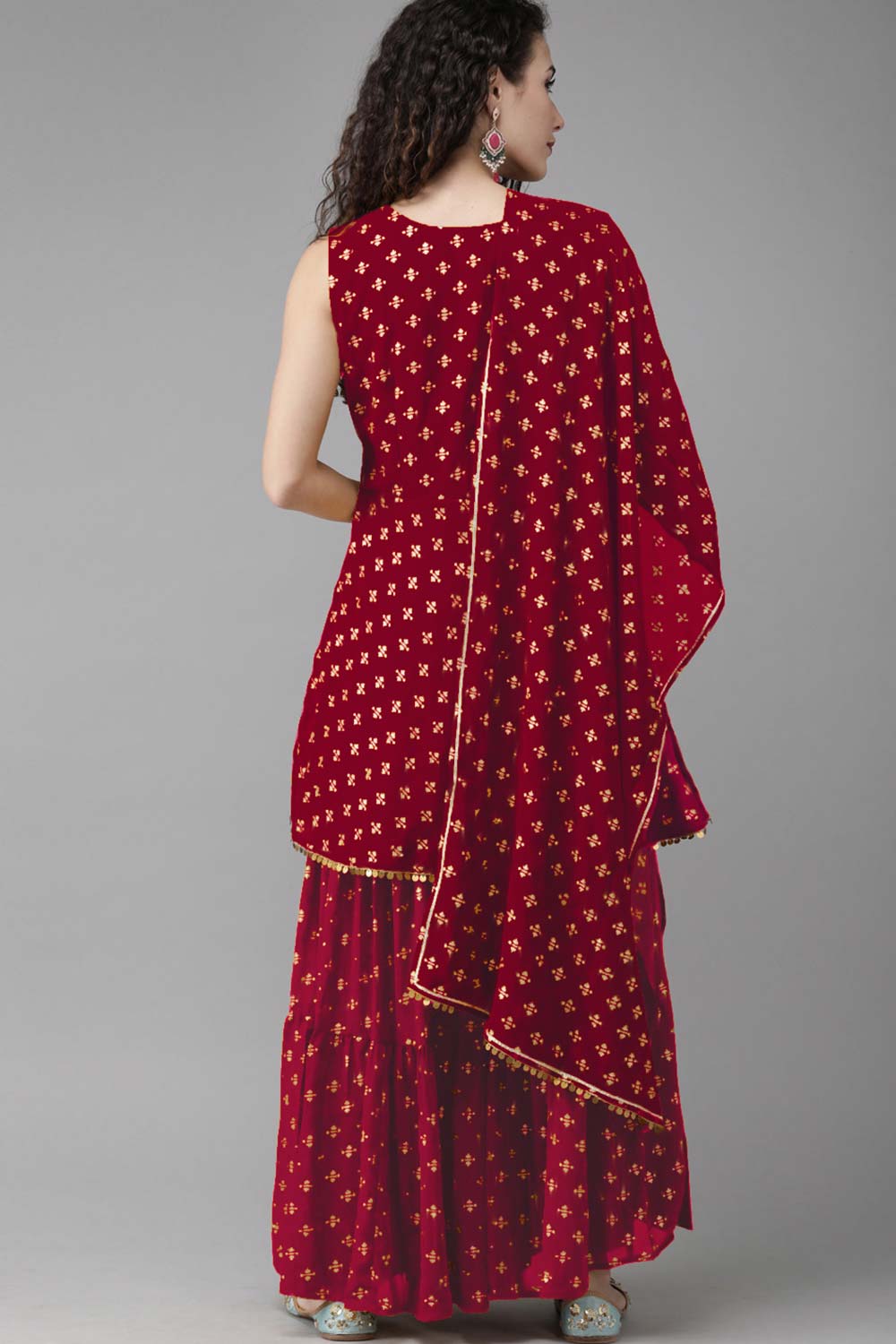 Maroon Georgette Gold Foil Print Peplum Kurta Sharara Set With Dupatta