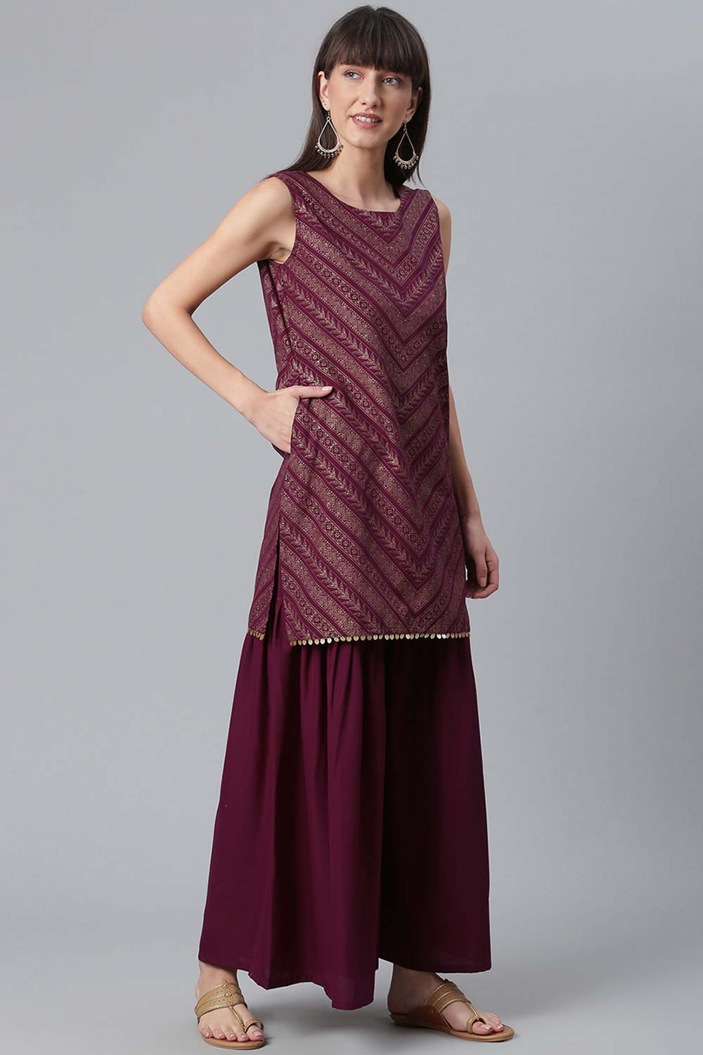 Buy Crepe Foil Printed Suit Set in Wine Online - Back