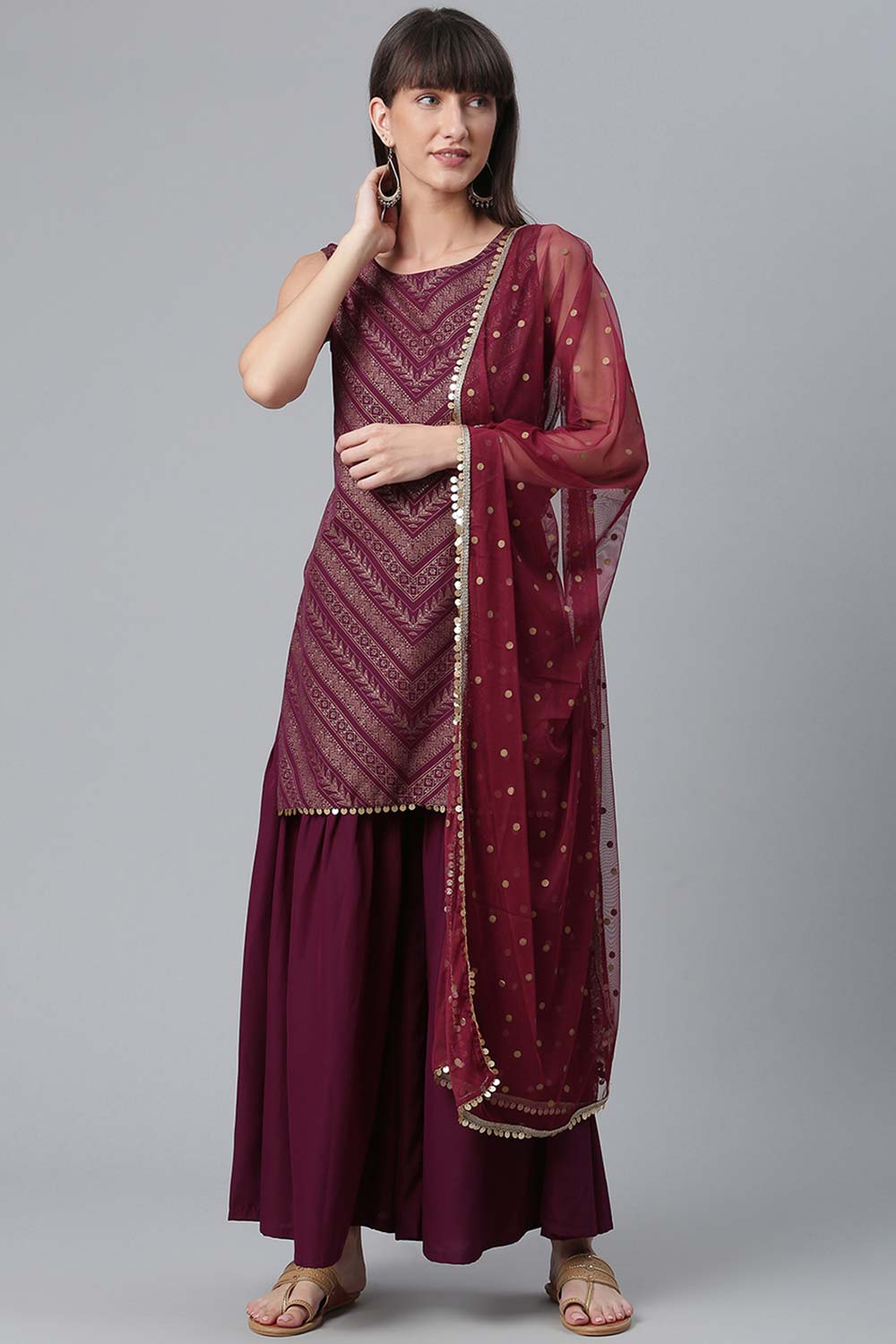 Buy Crepe Foil Printed Suit Set in Wine Online - Front