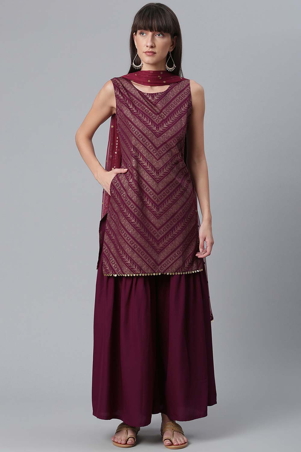 Buy Crepe Foil Printed Suit Set in Wine Online