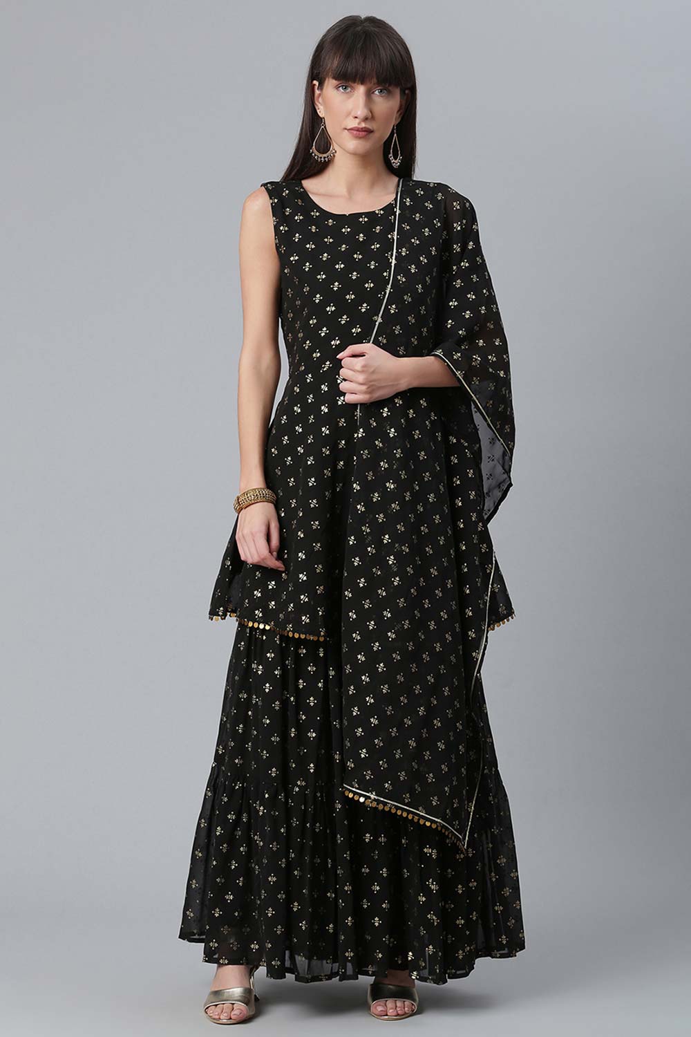 Black Georgette Gold Foil Print Peplum Kurta Sharara Set With Dupatta