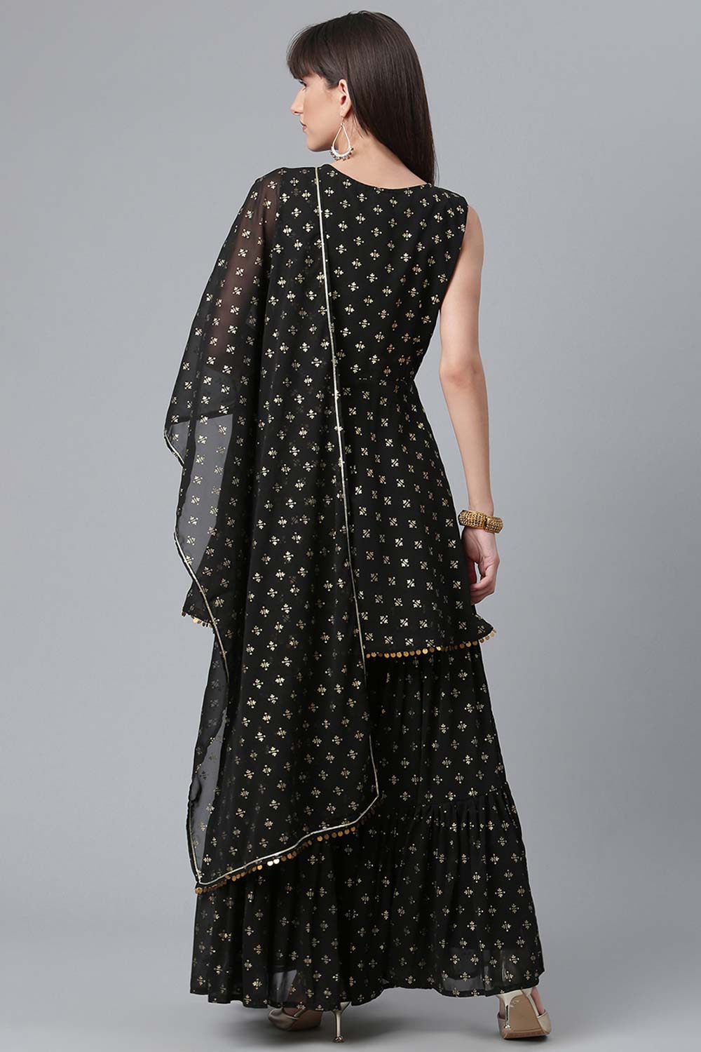 Black Georgette Gold Foil Print Peplum Kurta Sharara Set With Dupatta