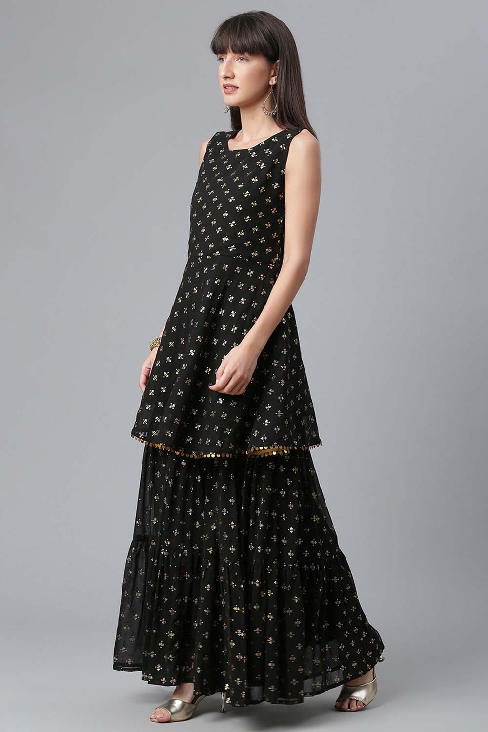 Black Georgette Gold Foil Print Peplum Kurti Sharara Set With Dupatta