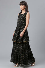 Black Georgette Gold Foil Print Peplum Kurta Sharara Set With Dupatta