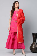 Pink Crepe Orange Khari Print Kurta Sharara Set With Dupatta