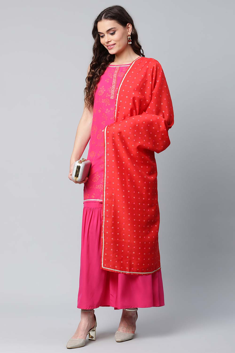 Pink Crepe Orange Khari Print Kurti Sharara Set With Dupatta