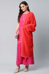 Pink Crepe Orange Khari Print Kurta Sharara Set With Dupatta