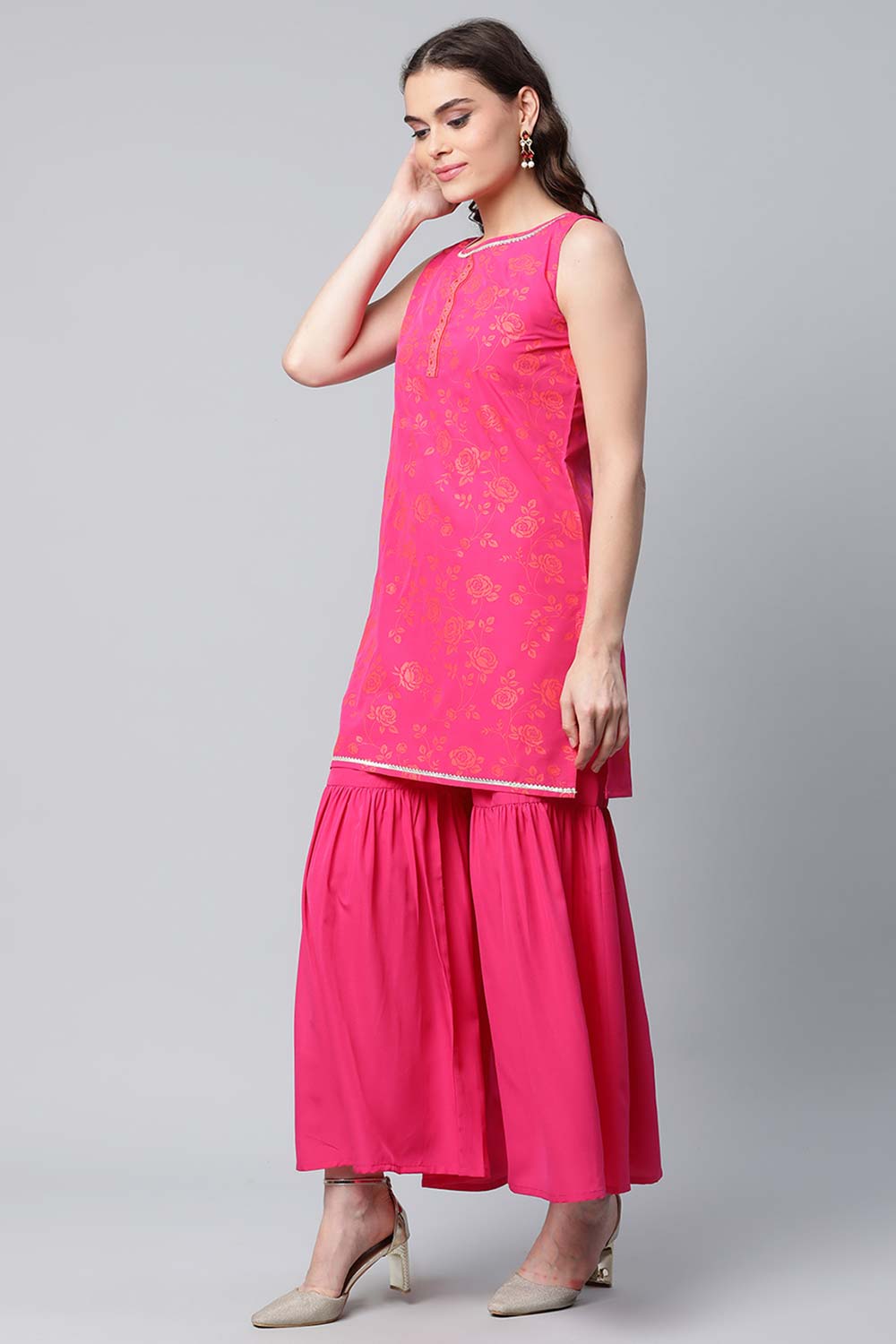 Pink Crepe Orange Khari Print Kurta Sharara Set With Dupatta