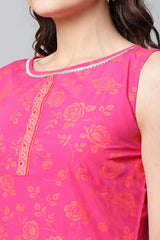 Pink Crepe Orange Khari Print Kurti Sharara Set With Dupatta