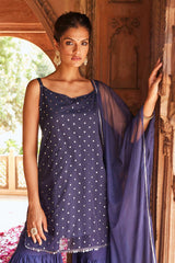 Buy Navy Blue Colour Crepe Foil Printed Kurta Sharara Set With Dupatta Online