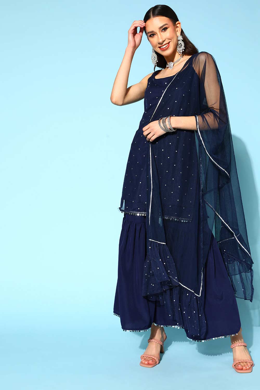 Buy Navy Blue Colour Crepe Foil Printed Kurta Sharara Set With Dupatta Online