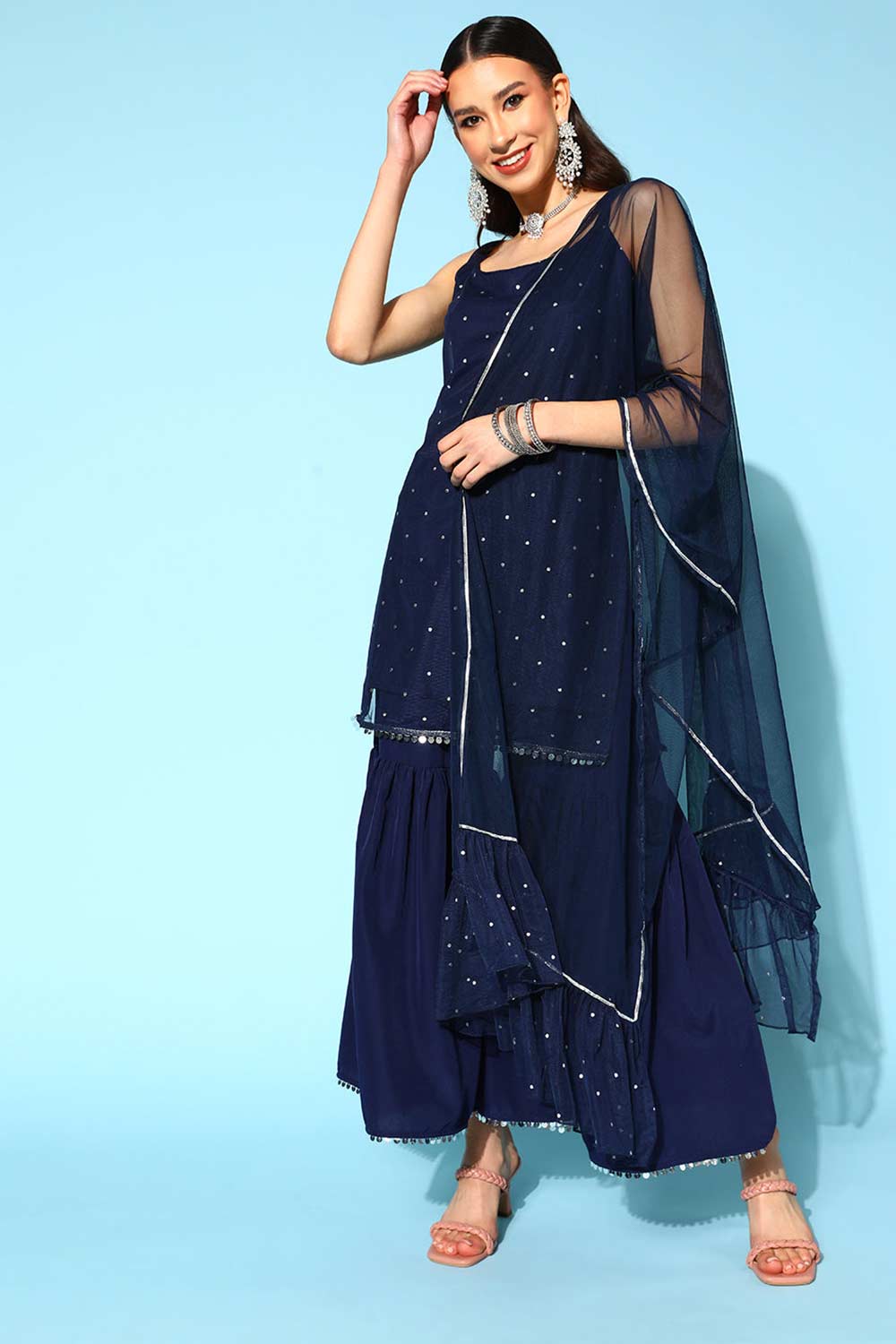 Buy Navy Blue Colour Crepe Foil Printed Kurta Sharara Set With Dupatta Online