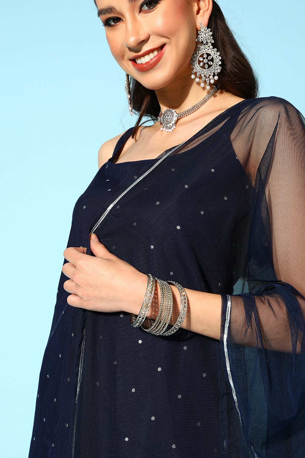 Buy Navy Blue Colour Crepe Foil Printed Kurta Sharara Set With Dupatta Online