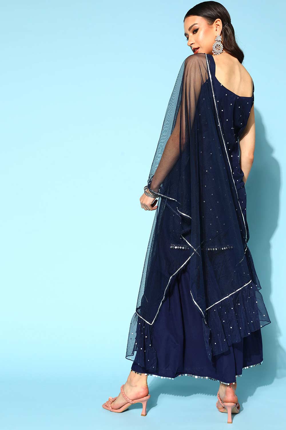 Buy Navy Blue Colour Crepe Foil Printed Kurta Sharara Set With Dupatta Online