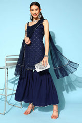 Buy Navy Blue Colour Crepe Foil Printed Kurta Sharara Set With Dupatta Online