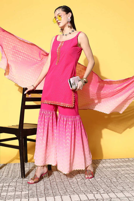Buy Pink Poly Crepe Kurti Sharara Set With Dupatta Online