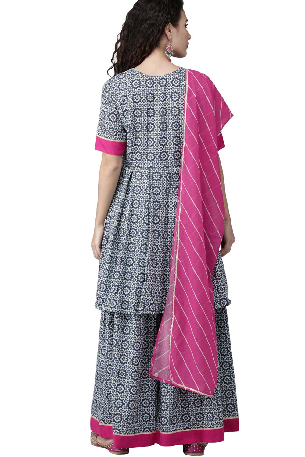 Navy Crepe Digital Printed Angrakha Kurta Sharara Set With Dupatta