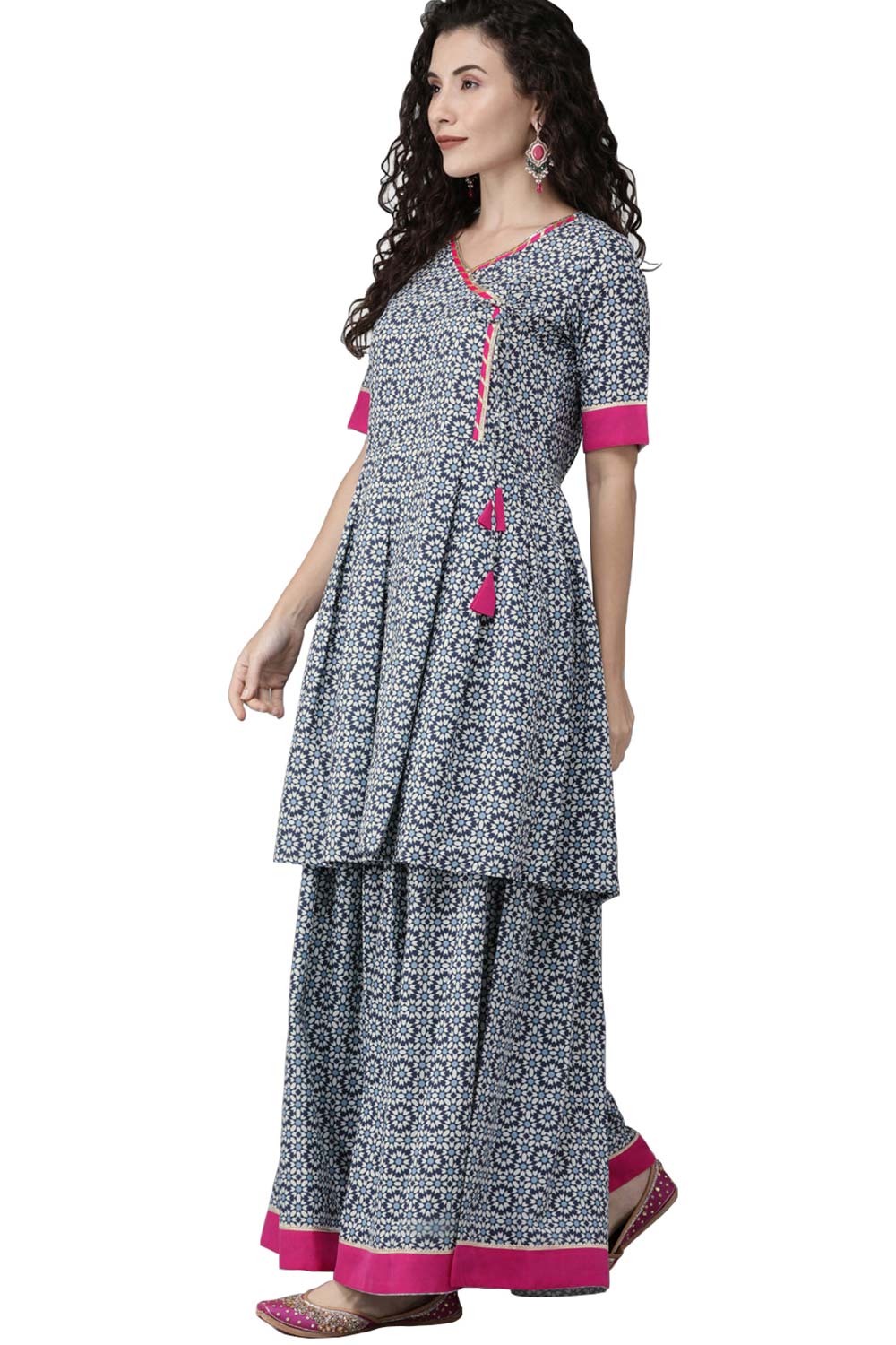 Navy Crepe Digital Printed Angrakha Kurta Sharara Set With Dupatta