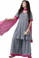 Navy Crepe Digital Printed Angrakha Kurta Sharara Set With Dupatta