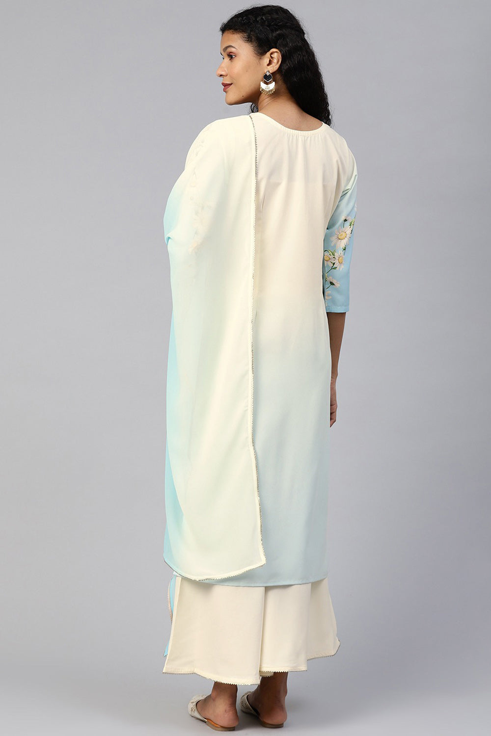 Crepe Digital Print Kurta Set In Cream And Blue