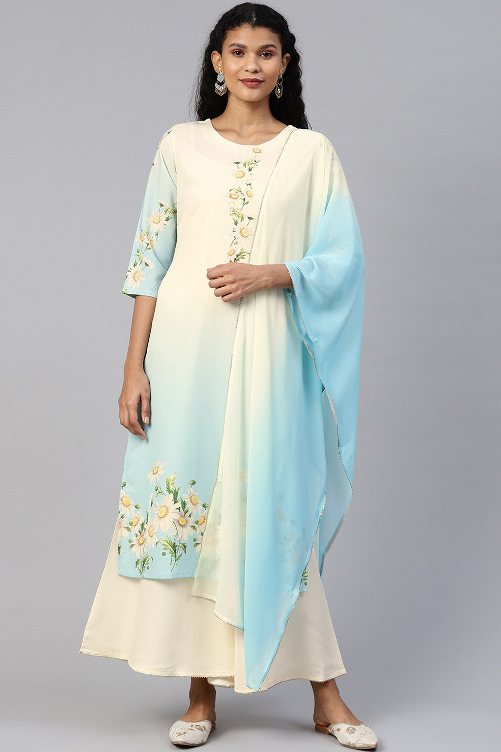 Crepe Digital Print Kurta Set In Cream And Blue